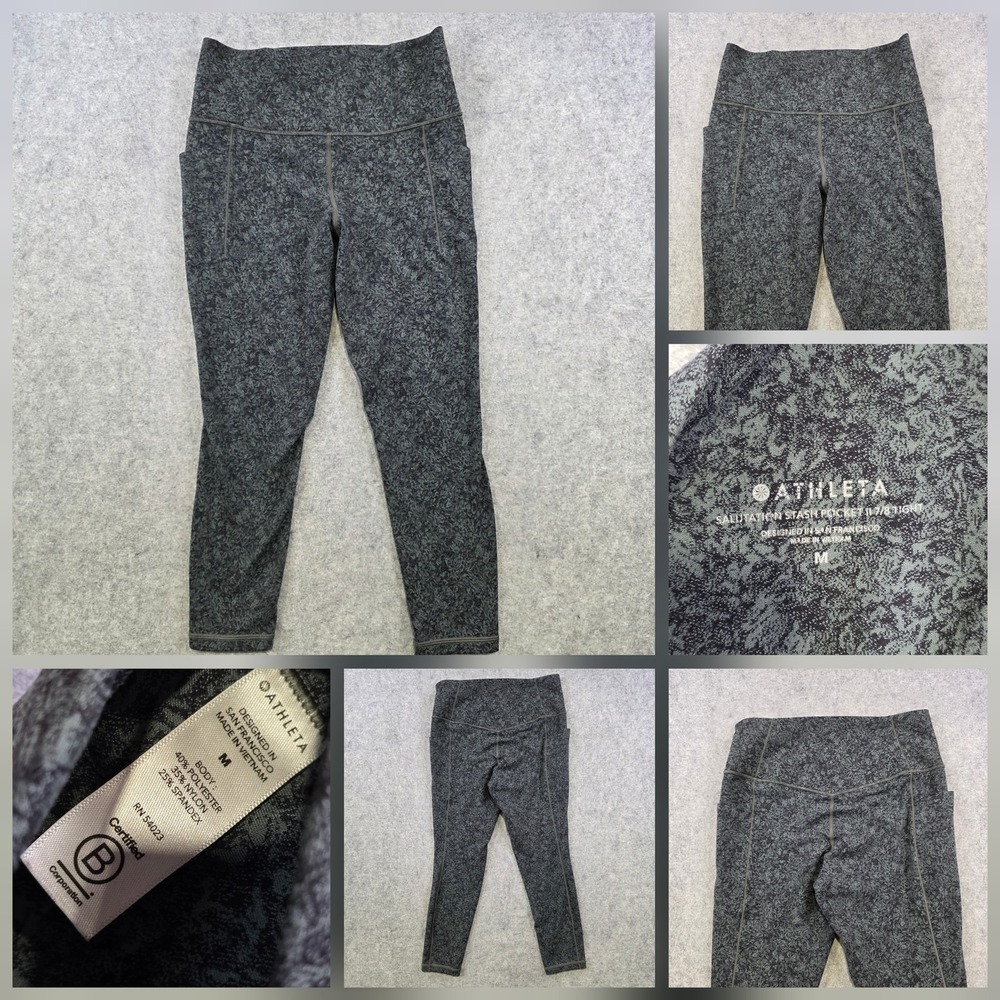 Athleta Leggings Womens Medium Gray Salutation Stash Pocket 7/8 Tight Floral